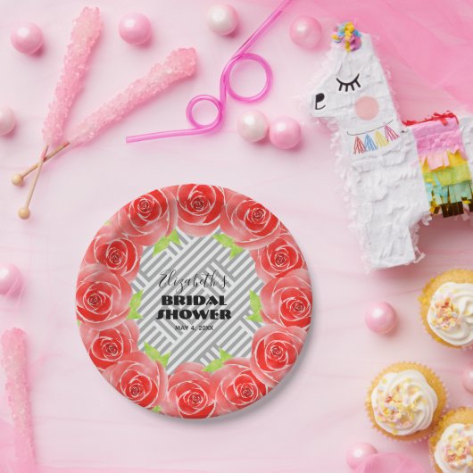 ブラックとホワイトのストライプに赤いバラのウェディングシャワーパーティー ペーパープレート (パーティー)