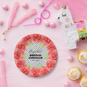 ブラックとホワイトのストライプに赤いバラのウェディングシャワー ペーパープレート (パーティー)