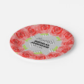 ブラックとホワイトのストライプに赤いバラのウェディングシャワー ペーパープレート (アングル)