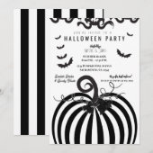 ブラックとホワイトのストライプのかぼちゃとコウモリのハロウィンパーティー 招待状 (正面/裏面)