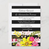 ブラックとホワイトのストライプの花のウェディング黄色 招待状 (正面)