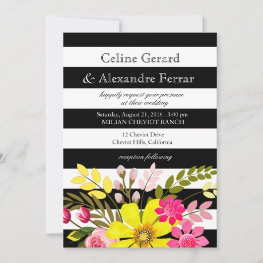 ブラックとホワイトのストライプの花のウェディング黄色 招待状 (正面)