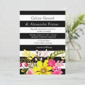 ブラックとホワイトのストライプの花のウェディング黄色 招待状 (スタンド正面)