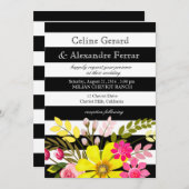 ブラックとホワイトのストライプの花のウェディング黄色 招待状 (正面/裏面)