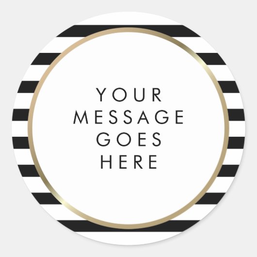 ブラックとホワイトのストライプ ゴールド カスタムメッセージ ラウンドシール (正面)