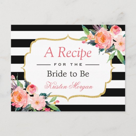 ブラックとホワイトのストライプ フラワーブライダルシャワーレシピ ポストカード (正面)