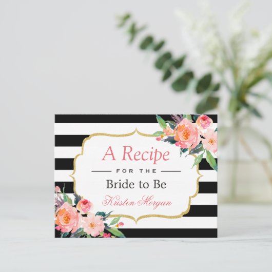 ブラックとホワイトのストライプ フラワーブライダルシャワーレシピ ポストカード (スタンド正面)
