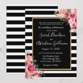 ブラックとホワイトのストライプ ローズ ユダヤ教の結婚式 招待状 (正面/裏面)