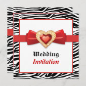 ブラックとホワイトのゼブラ柄に赤い宝石のウェディング 招待状 (正面/裏面)