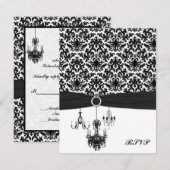 ブラックとホワイトのダマスクにシャンデリアの返信カード 出欠カード (正面/裏面)