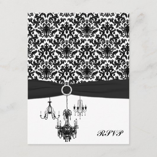 ブラックとホワイトのダマスクにシャンデリアの返信カード 出欠カード (正面)