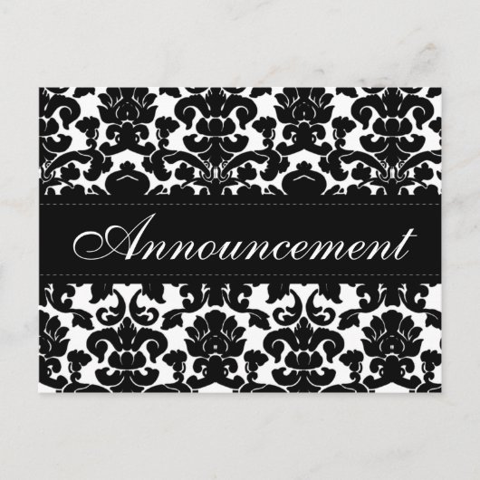 ブラックとホワイトのダマスク結婚式中止カード 案内ポストカード (正面)