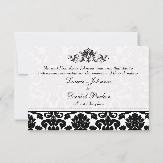 ブラックとホワイトのダマスク結婚式中止カード 案内状 (裏面)