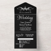 ブラックとホワイトのトリフォールドRSVP付きウェディングオールインワン オールインワン招待状 (内側)