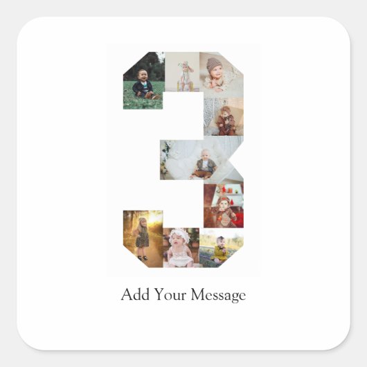 ブラックとホワイトのナンバー3写真コラージュ スクエアシール (正面)