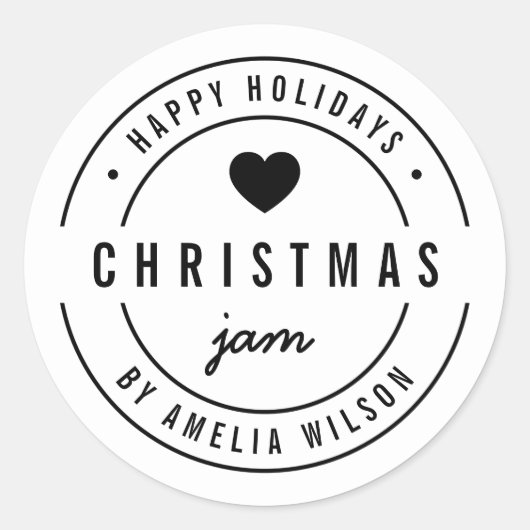 ブラックとホワイトのハートクリスマスジャム ハッピーホリデー ラウンドシール (正面)