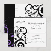 ブラックとホワイトのパープルスワールアクセント インビテーションポストカード (正面/裏面)