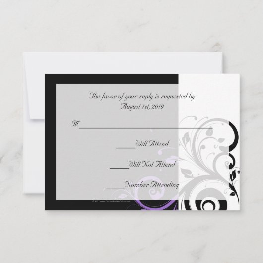 ブラックとホワイトのパープルスワールアクセント 出欠カード (裏面)