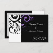 ブラックとホワイトのパープルスワールアクセント 出欠カード (正面/裏面)