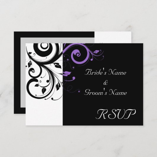 ブラックとホワイトのパープルスワールアクセント 出欠カード (正面/裏面)