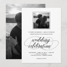 ブラックとホワイトのファンシーなスクリプト結婚式写真 招待状