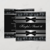 ブラックとホワイトのボウズ付スイート16誕生日 招待状 (正面/裏面)