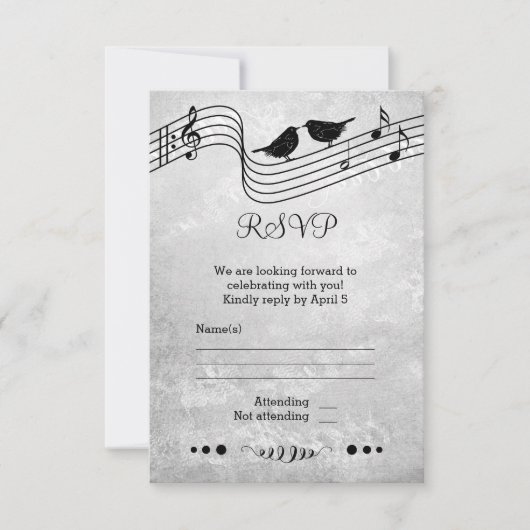 ブラックとホワイトのミュージックをテーマにした結婚式の出欠確認カード 出欠カード (正面)