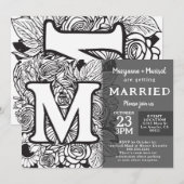 ブラックとホワイトのモノグラムMタトゥー花の結婚式 招待状 (正面/裏面)