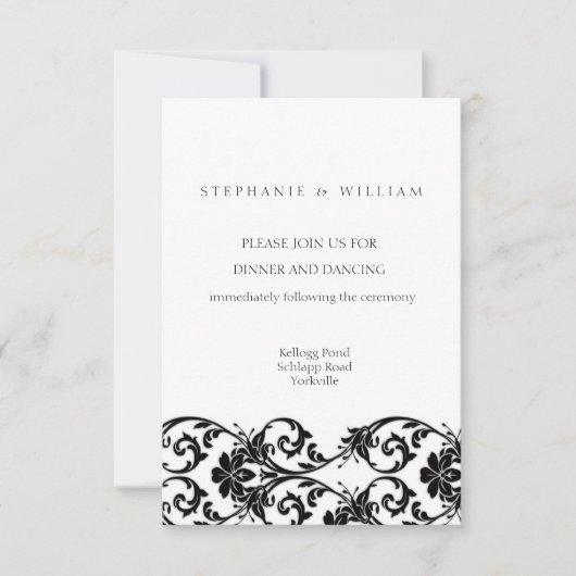 ブラックとホワイトのレースの結婚式の受付カード 招待状 (正面)