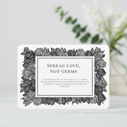 ブラックとホワイトのローズ ウェディング セーフティ カード (スタンド正面)