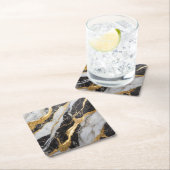 ブラックとホワイトの大理石模様にゴールド スクエアペーパーコースター (インサイチュ)