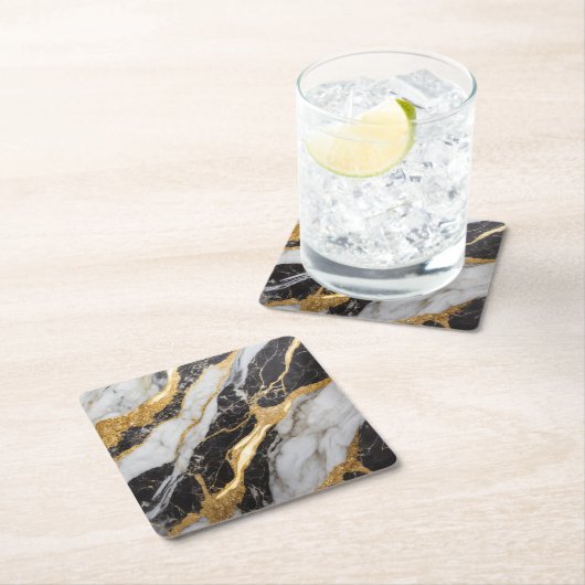 ブラックとホワイトの大理石模様にゴールド スクエアペーパーコースター (インサイチュ)