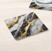 ブラックとホワイトの大理石模様にゴールド スクエアペーパーコースター (アングル)