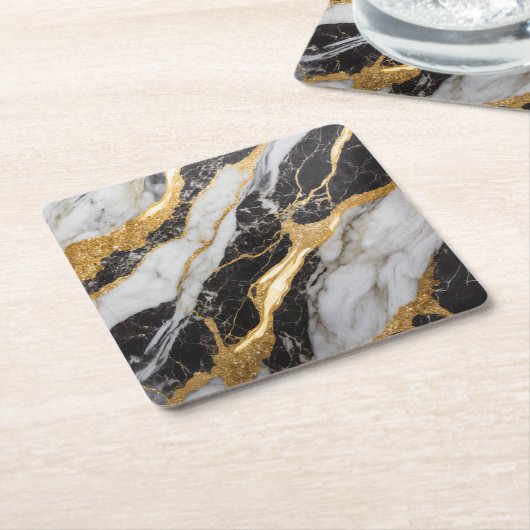ブラックとホワイトの大理石模様にゴールド スクエアペーパーコースター (アングル)