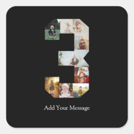 ブラックとホワイトの数字3写真コラージュ スクエアシール
