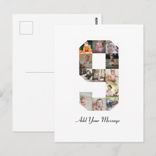 ブラックとホワイトの数字9写真コラージュ ポストカード (正面/裏面)