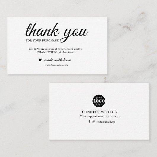 ブラックとホワイトの注文包装用感謝カード 名刺 (正面/裏面)