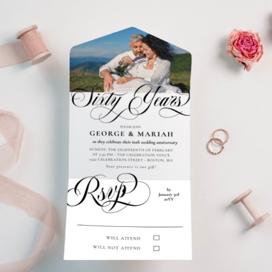 ブラックとホワイトの渦巻き写真 60周年結婚記念日 オールインワン招待状