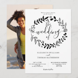 ブラックとホワイトの花のガーランド写真ウェディング招待状 招待状