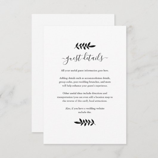 ブラックとホワイトの花のガーランド ウェディング詳細 エンクロージャーカード (正面/裏面)