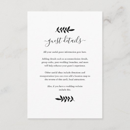 ブラックとホワイトの花のガーランド ウェディング詳細 エンクロージャーカード (正面)