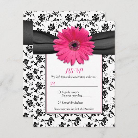 ブラックとホワイトの花のダマスク結婚式返信カード 出欠カード (正面/裏面)