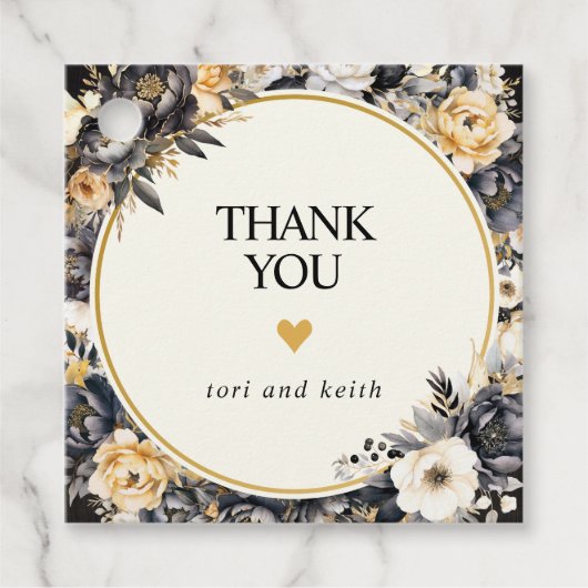 ブラックとホワイトの花モチーフのギフトタグ フェイバータグ (正面)