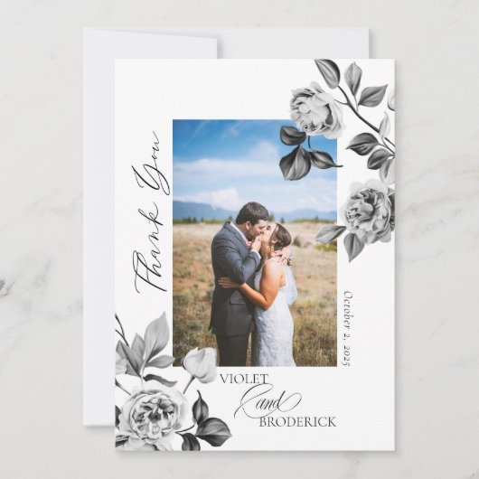 ブラックとホワイトの花柄 オーダーメイド感謝カード サンキューカード (正面)