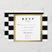 ブラックとホワイトストライプのゴールド・フォイルRSVP付き結婚 出欠カード (正面/裏面)