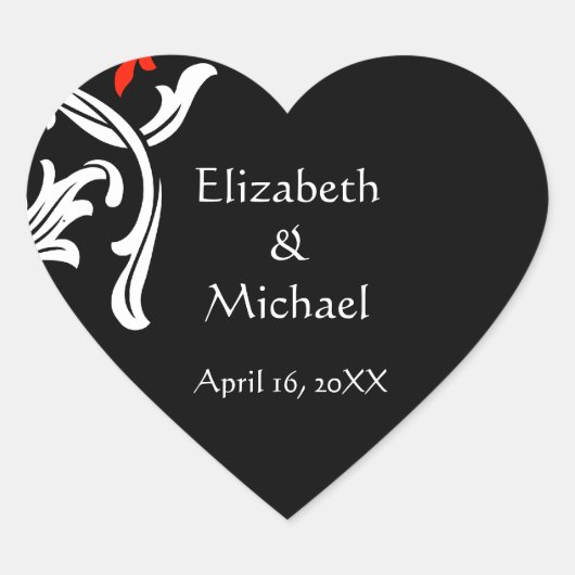 ブラックとホワイトダマスクウェディング封筒用シール ハートシール (正面)