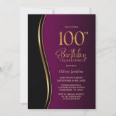 ブラックとマゼンタレッドの100歳の誕生日パーティー 招待状 (正面)