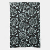 ブラックとミントグリーンの花と鳥のデザイン キッチンタオル (縦)