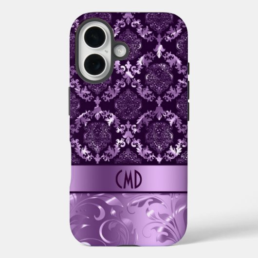 ブラックとメタリックパープルダマスク&レース Case-Mate iPhoneケース (裏面)