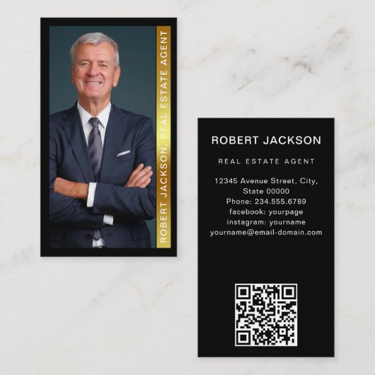 ブラックとメタルの金ゴールド不動産仲介業者フォトデザイン 名刺 (正面/裏面)